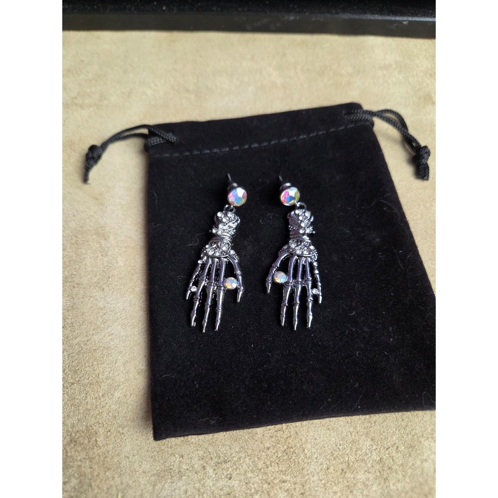 Skeleton Hand Heart Bling Necklace Earrings Dark Silver Tone Punk Goth-GunMetal - Picture 2 of 8
